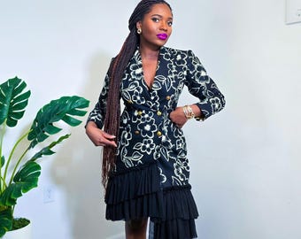 Print Blazer Dress: Double-Breasted African Jacket. Black floral dress