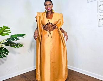 Gold Boubou Dress: African Caftan dress, Tie Waist