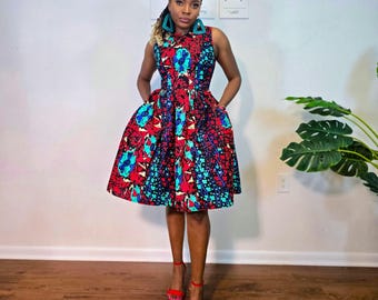Fit and Flare African Print Knee-Length Dress with Pockets