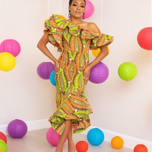 Ankara Print Midi Dress: One-Shoulder African Party Dress