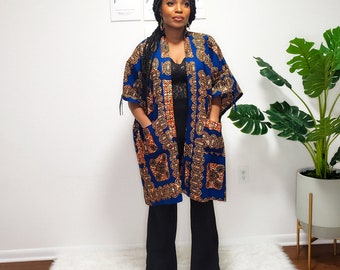 African Print Kimono Top: Oversized Cotton Tunic with Pockets
