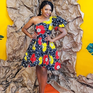 Ankara Mini High Low Dress: Abito da festa monospalla con stampa africana