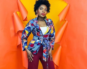Chaqueta de algodón con estampado africano colorido: Blazer Ankara para mujer