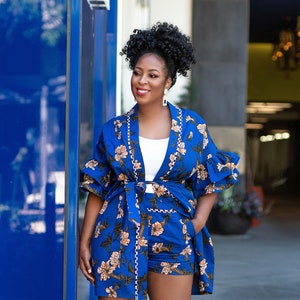 Blue African Print Kimono Jacket: Lightweight Duster with Belt