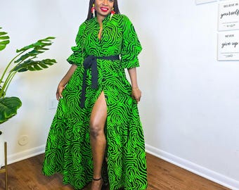 Green Ankara Print Maxi Dress: African Cotton Party Gown