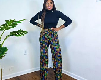 Multucolor African Pants: High Waisted Wide Leg African Print Trousers