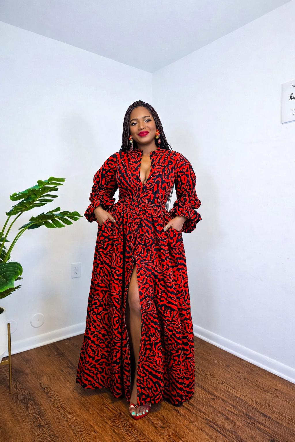 open lace back dress Red African Wax Shawl Collar Fit and Flare Wrap Dress main image 0