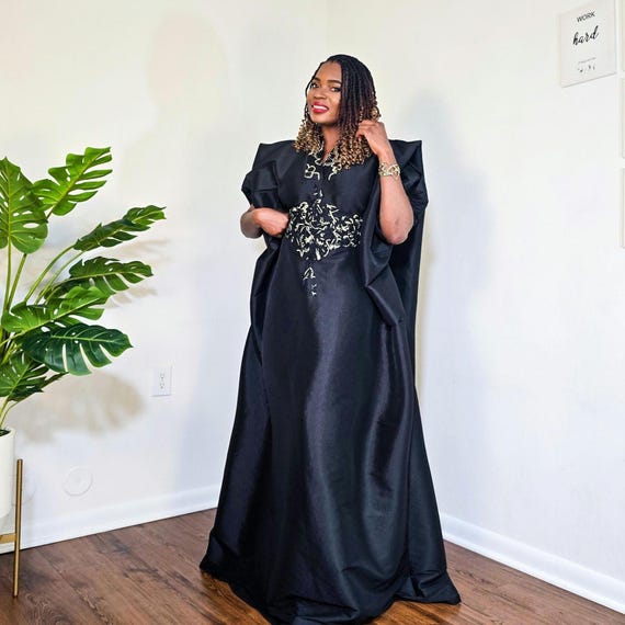 Black Bubu Dress: Stretch Taffeta African Caftan dress; With Inner tie Black Bubu Dress: Stretch Taffeta African Caftan dress; With Inner tie