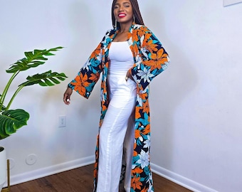 Colorful African Print Cotton Kimono Duster: Bohemian floral Jacket. African dress