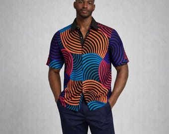 Men's African Print Cotton Shirt, Short Sleeve Button Down