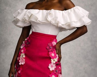 3D Floral Beaded Mini Skirt – Asoke Cotton Fabric, Sculpted Fit