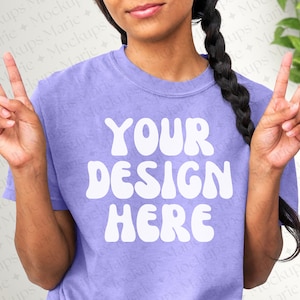 Comfort Colors C1717 Violet Shirt Mockup, Black Woman Model Wearing Purple Shirt with White Background, Instant Download Digital File, JPEG
