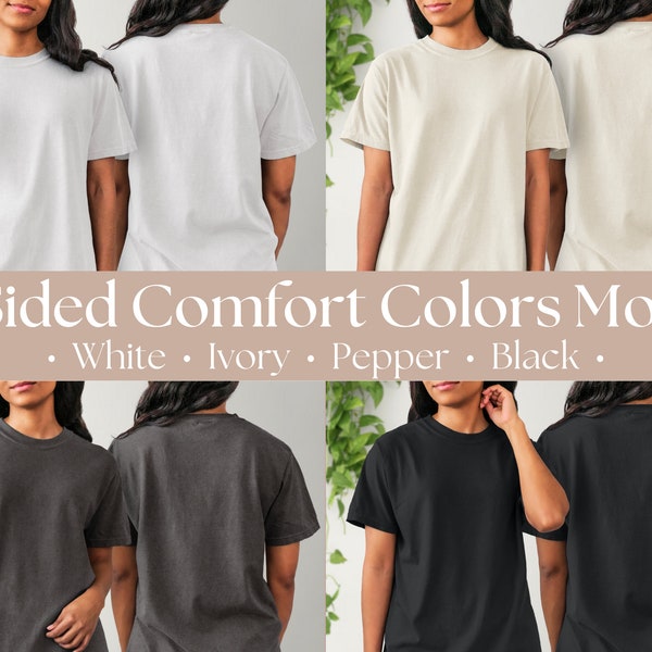 2-seitiges Komfort-Farben Mockup BUNDLE, vier Fotos Modell mit Vorder- und Rückseite von Tshirt, Doppelseite Shirt Weiß, Ivory, Pfeffer, Schwarz