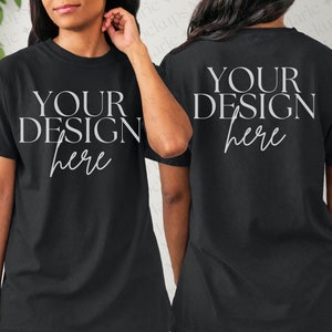 Front and Back of Black Comfort Colors Tshirt Mockup, Photo of Black Model Showing Backside of Trendy Oversized Shirt with Plant Background