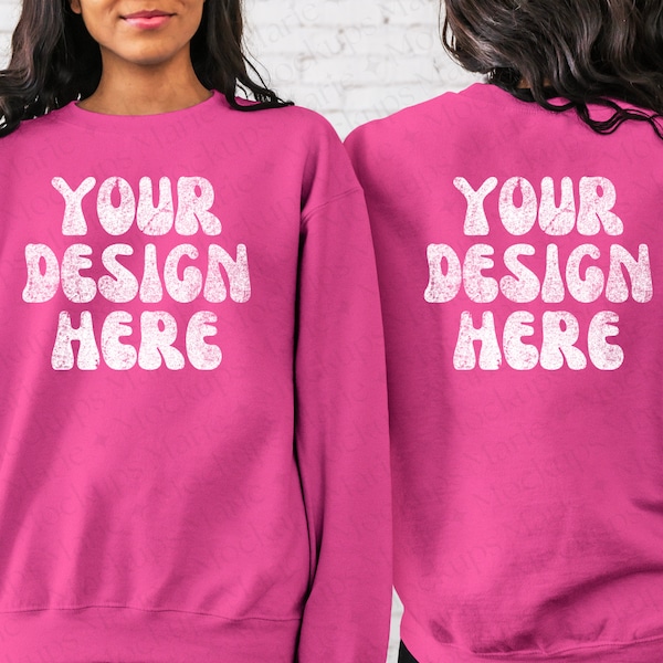 Gildan 18000 Safety Pink Crewneck Mockup, Front and Back Gildan Crewneck Mockup, Model Mockup, Gildan 18000 Mockup, Sweater Mockup, G180