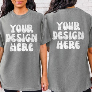 Front and Back Comfort Colors C1717 Grey Mockup, Oversized Grey Back of Shirt Mockup, Model Mockup Trendy Mock Grey Colored Aesthetic Mockup