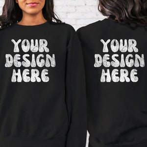 Front and Back Gildan 18000 Black Back Mockup, Oversized Black Crewneck Mockup, Gildan Black Crewneck Model Mock, Trendy Mock, Words on Back