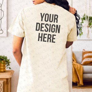 Back of Ivory Comfort Colors 1717 Mockup, Photo of Backside of Woman Model Wearing an Oversized Ivory T-Shirt with a Boho Background, JPEG