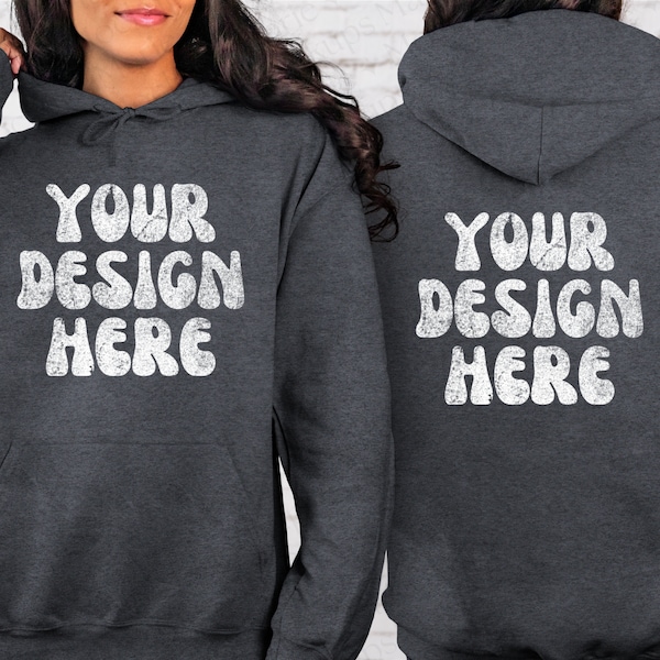 Front and Back Gildan 18500 Dark Heather Back Hoodie Mockup, Oversized Hoodie Mockup, Model Mockup Trendy Mock Aesthetic Words on Back