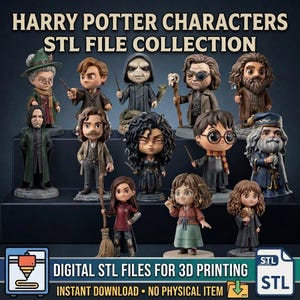 Puede incluir: Una colección de doce figuras de personajes estilizados de la serie Harry Potter, presentadas como archivos STL digitales para impresión 3D. Las figuras incluyen varios personajes icónicos con atuendos y accesorios detallados sobre una base escalonada.