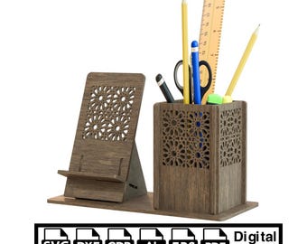 Laser Cut Schreibtisch Organizer, Telefon Ständer und Stifthalter (Digitaler Download)
