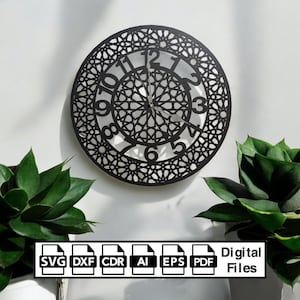 May include: Black and white clock with an intricate geometric design. The clock face features Roman numerals and a black background. The clock is surrounded by a decorative border with a repeating pattern. The image includes the text "Digital Files" and icons for SVG, DXF, CDR, AI, EPS, and PDF.