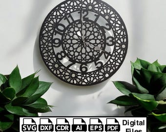 Lasergesneden ontwerp voor wandklok met islamitisch patroon (digitale download)