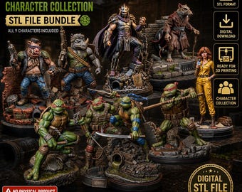 Op de afbeelding: Een digitaal pakket met 9 TMNT-karakter STL-bestanden voor 3D-printen. De collectie bevat gedetailleerde figuren van de vier schildpadden, Shredder, Splinter, Bebop, Rocksteady en April O'Neil, elk geplaatst op gestructureerde bases met puin.