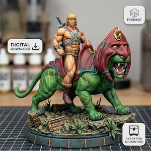 He-Man He Man Battle Cat STL-fil | 3D-utskrivbar figur | Digital nedladdning | Resin- och FDM-3D-utskriftsmodell | Direkt nedladdning