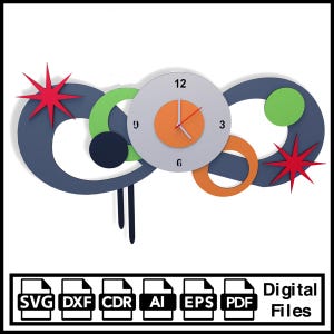 Modern Art wall clock Laser cut svg dxf ai , Wooden Wall clock vector template Glowforge wall clock svg Laser cut file Wall clock svg dxf