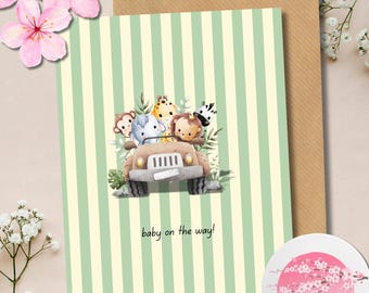 Baby on the way! - Greeting Card | Cute Safari Animals | Gender Reveal | Baby Shower | Baby Gifts