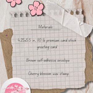 Peut inclure: Une carte de v&oelig;ux sur le th&egrave;me de la fleur de cerisier. La carte mesure 10,8x14 cm et est fabriqu&eacute;e en papier cartonn&eacute; de qualit&eacute; sup&eacute;rieure de 110 lb. Comprend une enveloppe autocollante marron et un sceau de cire fleur de cerisier. Le logo Cherry & Jade est &eacute;galement visible.