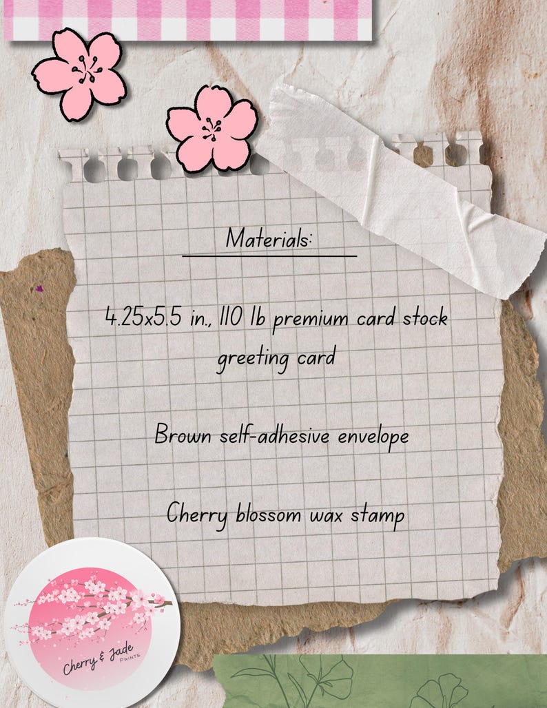 Peut inclure: Une carte de v&oelig;ux sur le th&egrave;me de la fleur de cerisier. La carte mesure 10,8x14 cm et est fabriqu&eacute;e en papier cartonn&eacute; de qualit&eacute; sup&eacute;rieure de 110 lb. Comprend une enveloppe autocollante marron et un sceau de cire fleur de cerisier. Le logo Cherry & Jade est &eacute;galement visible.