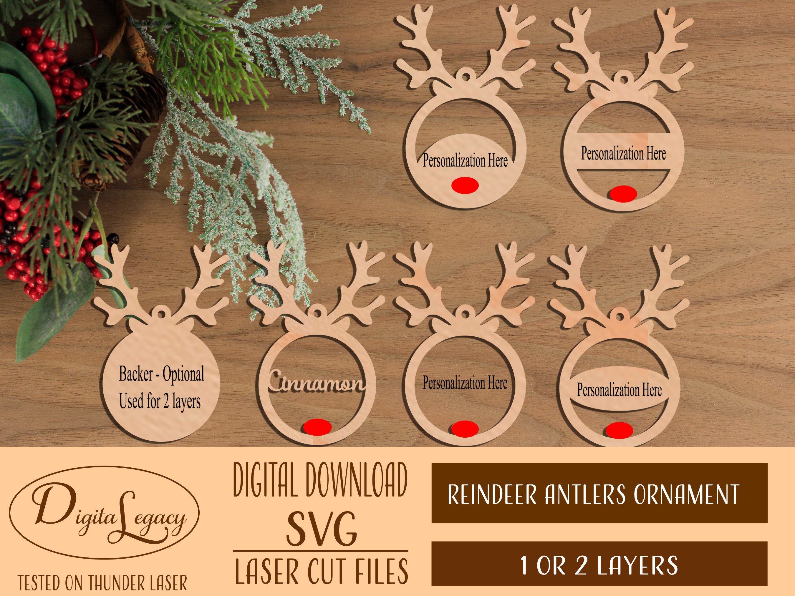 Personalized Reindeer Antlers Ornaments Bundle Digital File SVG - Laser Ready SVG File - Reindeer Ornament SVG - Christmas File