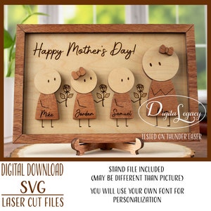 Archivo cortado con láser con letrero SVG para el Día de la Madre, regalos personalizados para mamá, SVG para el Día de la Madre, figura de Stickman que le entrega una rosa a mamá, regalo para abuela de 3 niños