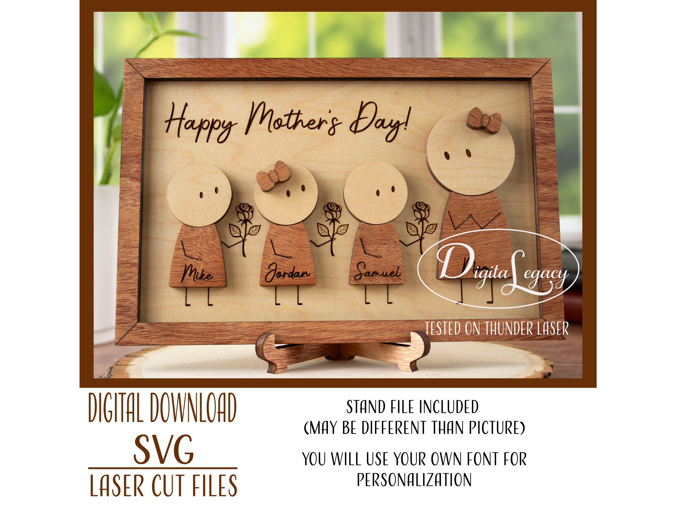 Mothers Day SVG Sign Laser Cut File, Personalized Gifts for Mom, Mothers Day Svg, Stickman Figure Handing Mom A Rose - 3 Kids Grandma Gift