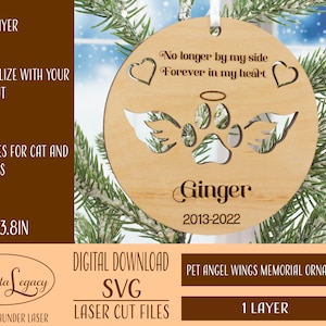Personalized Pet Memorial Gift Laser Cut File SVG - Angel Paw SVG - Pet Memorial Ornament Laser File, Glowforge, Pet Remembrance Christmas