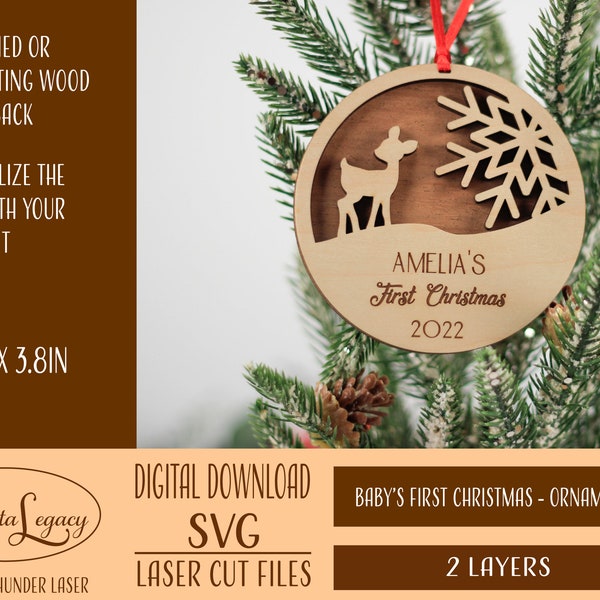 Baby's First Christmas Svg - First Christmas Ornament Laser Cut File, Baby deer & Snowflake - Personalized Ornament SVG - Glowforge - Cute