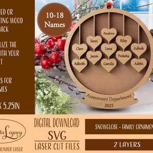 ファミリーオーナメントSVG、パーソナライズ、スペシャル、10〜18名の名前が入ったスノーグローブオーナメント、レーザー用レーザーカットファイル、2025年のクリスマスにかわいいギフト