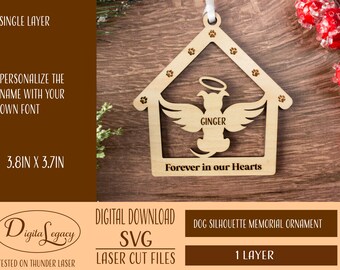 Hond Memorial Ornament Svg, Kerst Ornament Svg, Kerst Glowforge, Memorial Ornamenten, Dog House Angel Wings Laser Cut File voor Laser