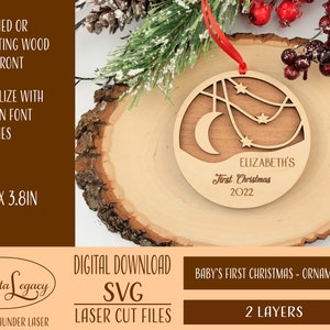 Baby&#39;s First Christmas Svg - First Christmas Ornament Laser Cut File, Space theme - Personalized Ornament SVG - Glowforge - Moon & Stars