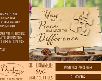 Peut inclure: Une pancarte en bois avec un motif de pièce de puzzle qui dit "You are the piece that made the difference". La pièce de puzzle porte le nom "Samantha Marresen" et l'année "2024" gravés dessus. La pancarte mesure 12,7 cm par 20,3 cm et est livrée avec un fichier pour un support. La pancarte est un téléchargement numérique et est découpée au laser.