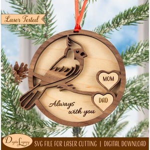 2 Hearts Cardinal Remembrance SVG Laser Cut File - Personalized Memorial Christmas Ornament - Loss of Mom/Dad Gift - In Memory - Glowforge