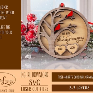 Personalized Cardinal Memorial Gift Laser Cut File SVG - Hearts Cardinal SVG - Memorial Ornament Laser File, Glowforge Remembrance Christmas