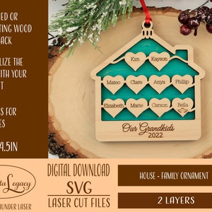 Family ornament svg files, Family Ornament SVG, House Ornament with 2-10 names, Laser Cut File for Laser, 2 - 10 Family Ornament 2023