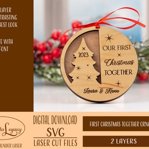 Ornement de couple premier Noël ensemble SVG, fichier découpé au laser, arbre, mignon, flocon de neige, personnalisé, saison des fêtes, marié, amoureux, pour toujours