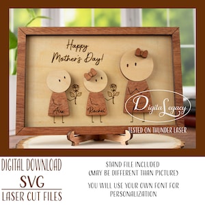 Archivo cortado con láser con letrero SVG para el Día de la Madre, regalos personalizados para mamá, figura de Stickman que le entrega una rosa a mamá, regalo SVG para mamá de 2 niños, Love Mama