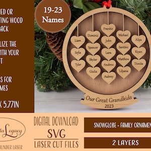Arquivo svg de ornamento de família, ornamento de globo de neve com 19 a 23 nomes, arquivo cortado a laser, presente para amigo da família, grande, exclusivo, ornamento de Natal 2025