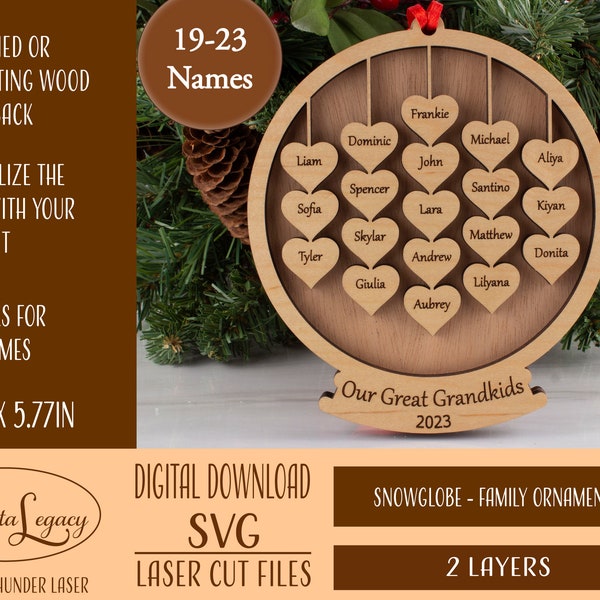 Family ornament svg files, Family Ornament SVG, Snowglobe Ornament with 19-23 names, Laser Cut File for Laser, 19-23 Family Ornament 2023