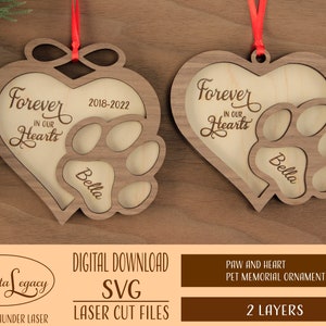 Personalized Pet Memorial Gift Laser Cut File SVG - Heart Paw SVG - Pet Memorial Ornament Laser File, Glowforge, Pet Remembrance Christmas